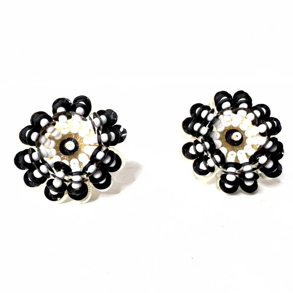 Vintage Black White Beaded Sequin Screw Back Earrings